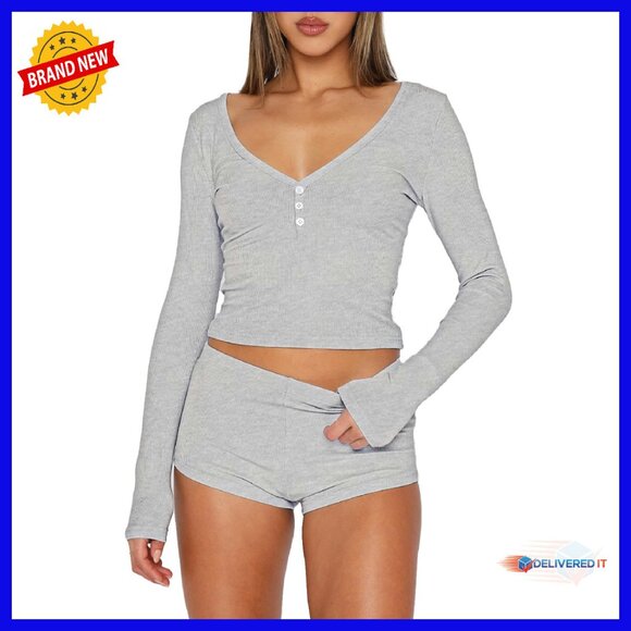 Ribbed Modal Pajama Set Long Sleeve Crop Top Button Shorts Y2K